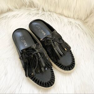 J/Slides Black Leather Amora Fringe Mules 7